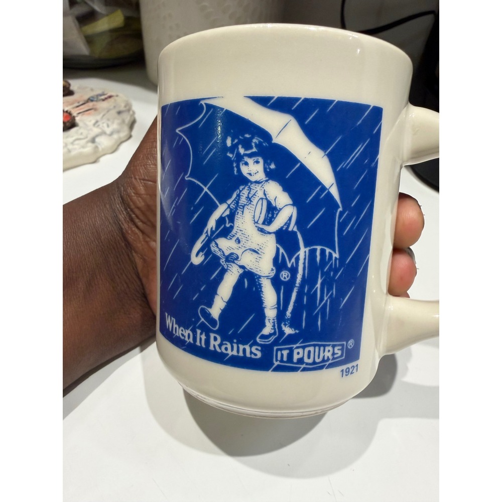 Vintage Morton Salt Coffee Mug When It Rains It Pours 1921 Logo Blue Cream
